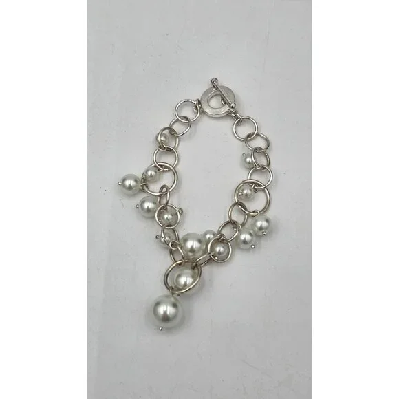 Silver Tone Dangle Faux Pearl Charm Bracelet Circle Link Toggle Clasp Jewelry - Picture 4 of 5